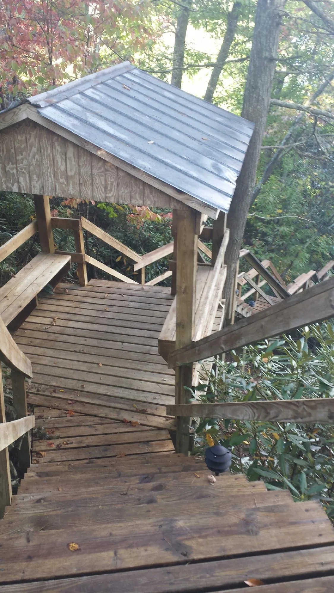 Metal roofed shelter over wooden steps on a wooded walkway — Skylight Repair & Installation work by our crew in Honeoye